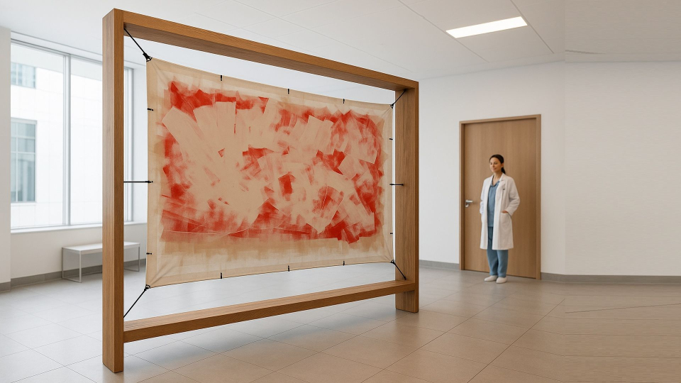 XL-Bild in leuchtendem Rot und Sand - gemalt mit einer Malerrolle